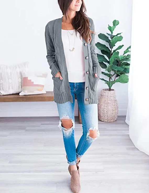 Block Blue Women's Long Sleeve Cable Knit Sweater Open Front Cardigan Button Loose Outerwear - MEROKEETY