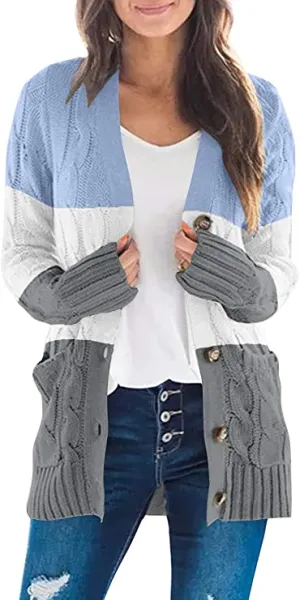 Block Blue Women's Long Sleeve Cable Knit Sweater Open Front Cardigan Button Loose Outerwear - MEROKEETY