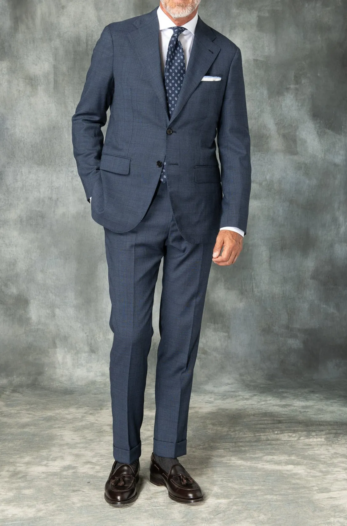 Blue Avio Prince of Wales Full Canvas suit in Loro Piana Wool - Made in Italy