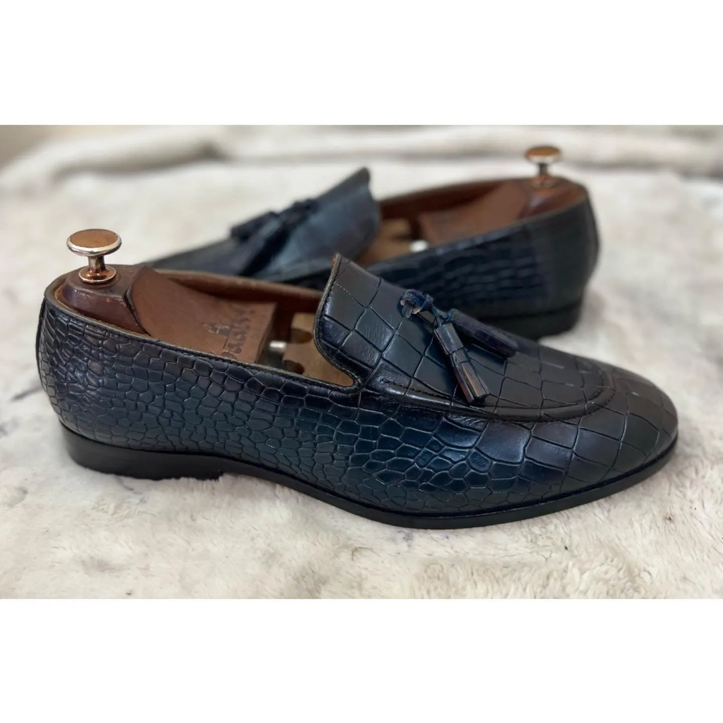 Blue Croco Loafers With Tassels