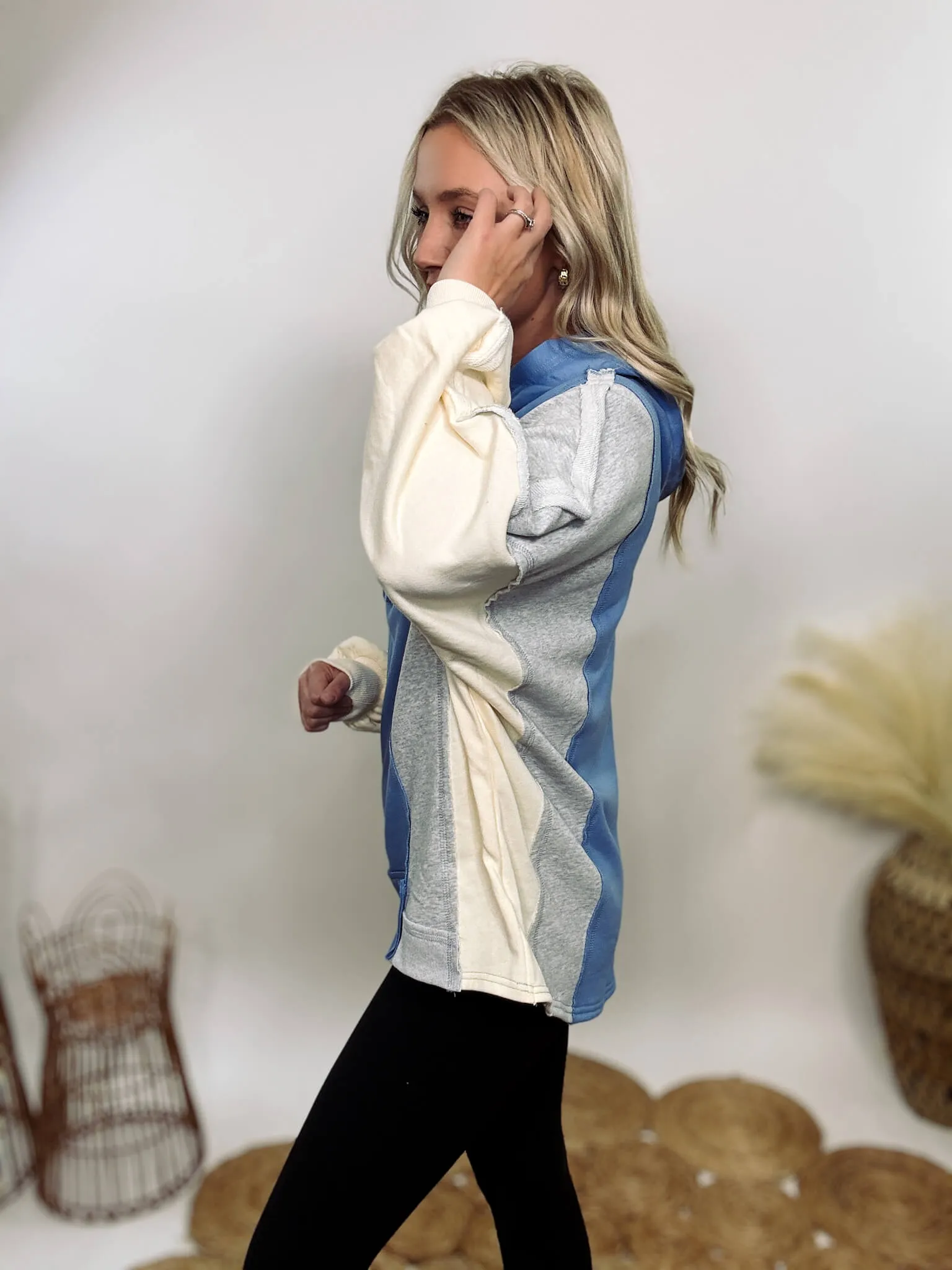 Blue, Grey and Cream Colorblock Half Button Down Oversized Hoodie