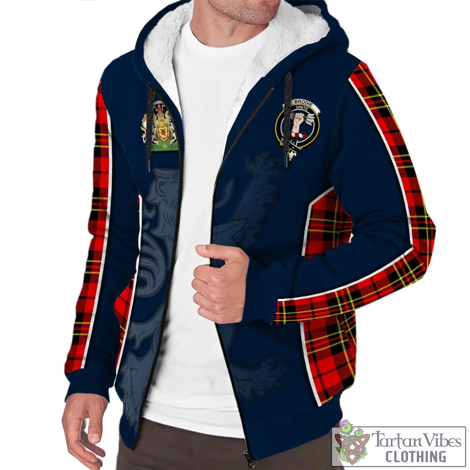 Brodie Modern Tartan Sherpa Hoodie with Family Crest and Lion Rampant Vibes Sport Style