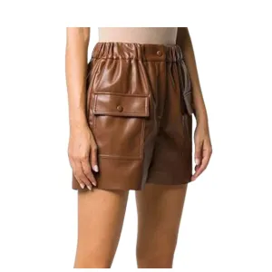 Brown Leather Double Front Pockets Shorts