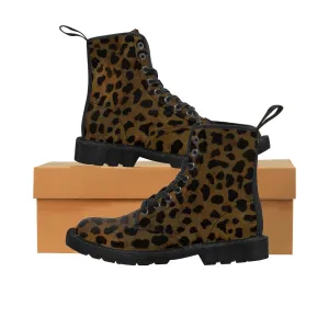 Brown Leopard Women's Boots, Animal Print Winter Laced-Up Canvas Hikers Boots For Ladies