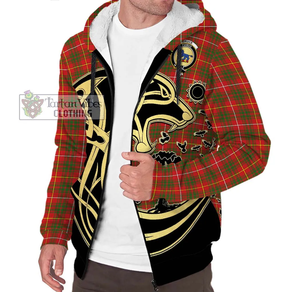 Bruce Modern Tartan Sherpa Hoodie with Family Crest Celtic Wolf Style