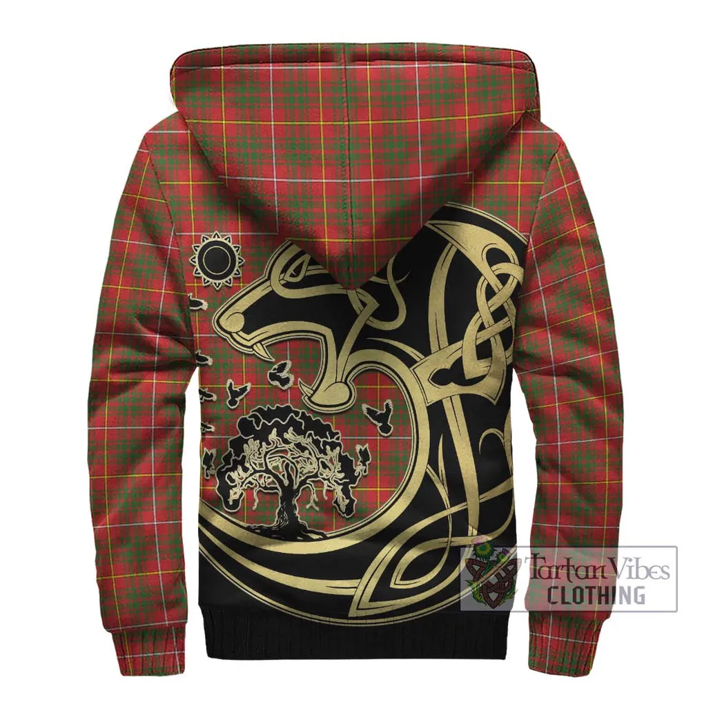 Bruce Modern Tartan Sherpa Hoodie with Family Crest Celtic Wolf Style