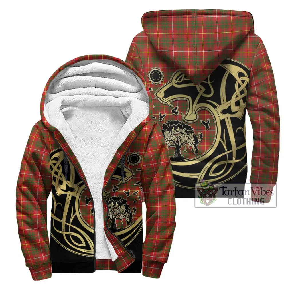 Bruce Modern Tartan Sherpa Hoodie with Family Crest Celtic Wolf Style