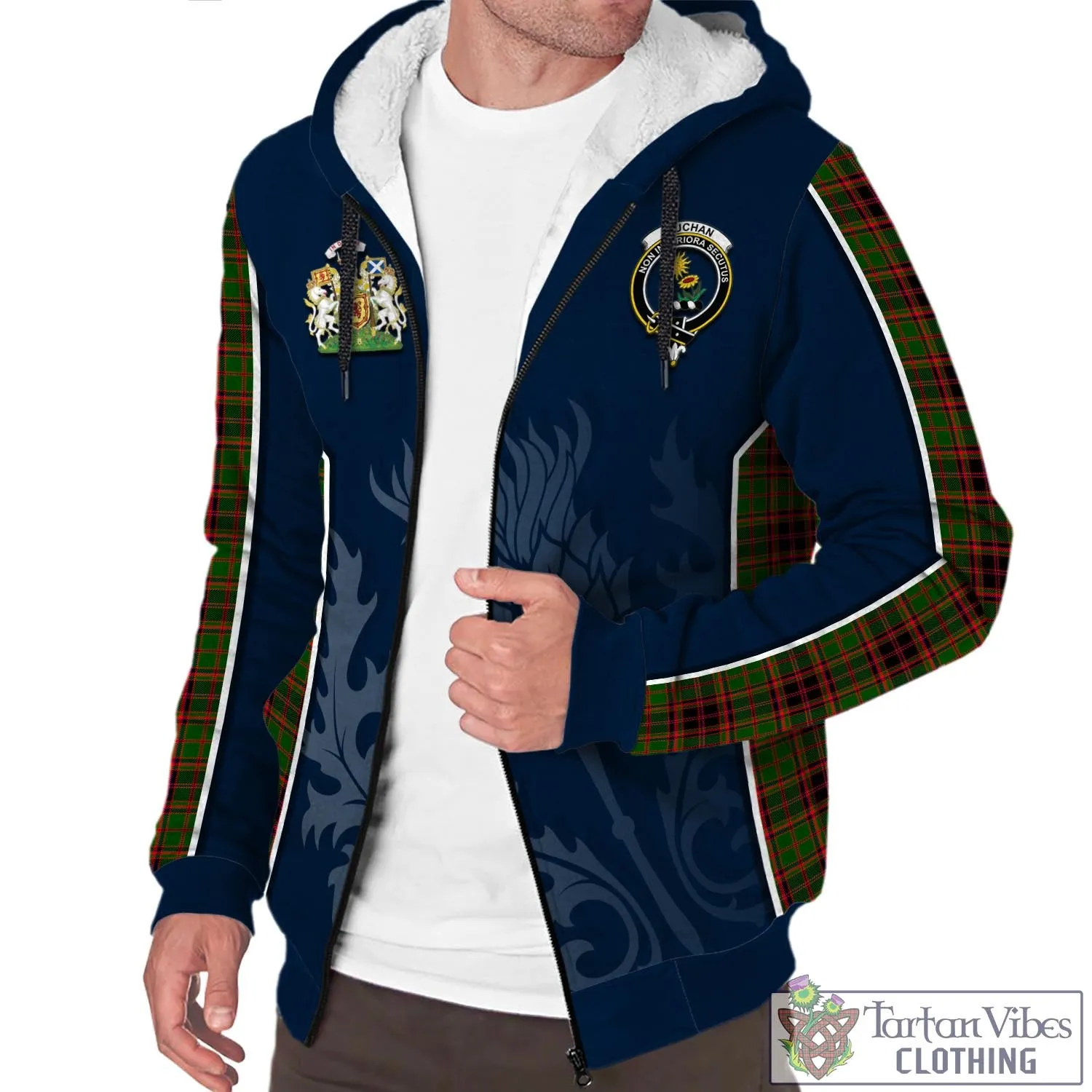 Buchan Tartan Sherpa Hoodie with Family Crest and Scottish Thistle Vibes Sport Style