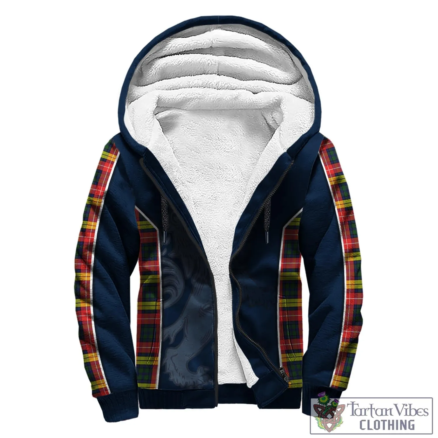 Buchanan Modern Tartan Sherpa Hoodie with Family Crest and Lion Rampant Vibes Sport Style