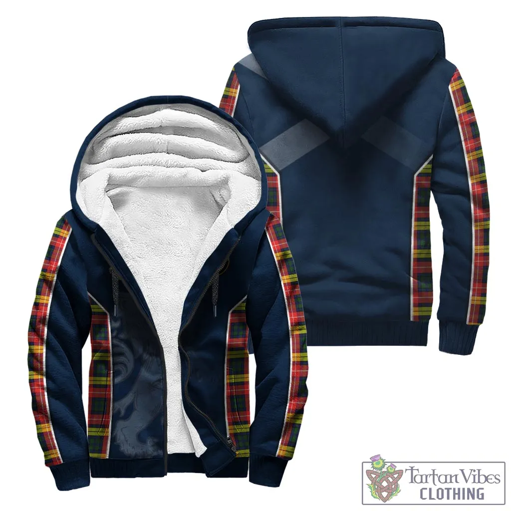 Buchanan Modern Tartan Sherpa Hoodie with Family Crest and Lion Rampant Vibes Sport Style