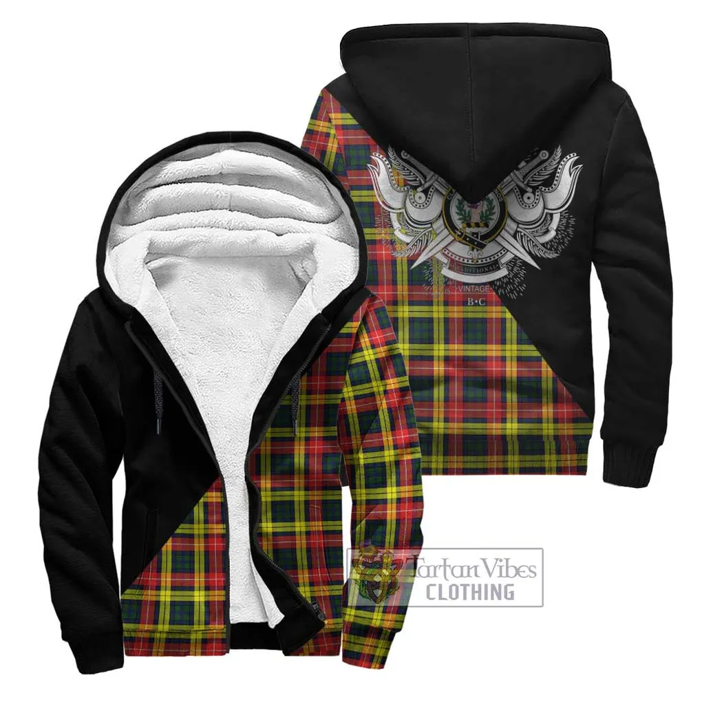 Buchanan Modern Tartan Sherpa Hoodie with Family Crest and Military Logo Style