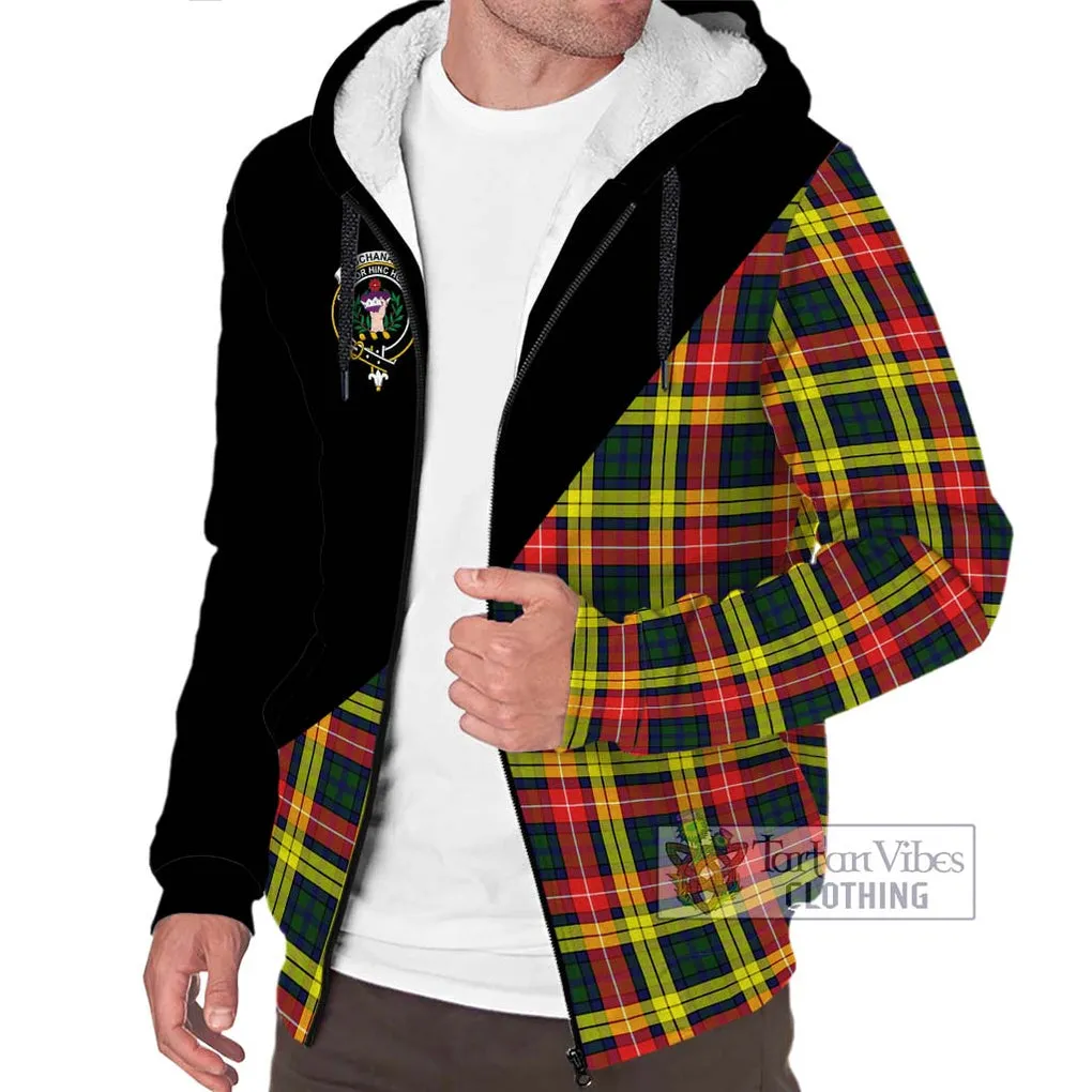 Buchanan Modern Tartan Sherpa Hoodie with Family Crest and Military Logo Style