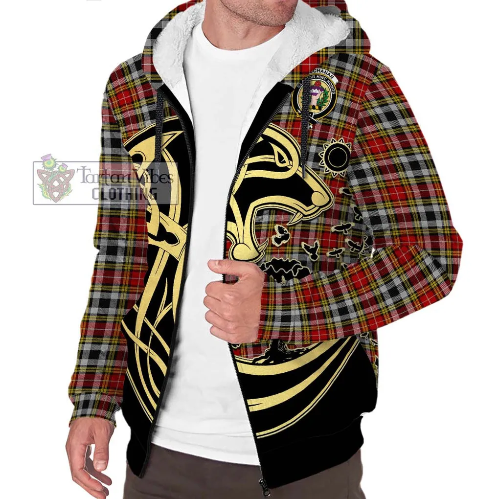 Buchanan Old Dress Tartan Sherpa Hoodie with Family Crest Celtic Wolf Style