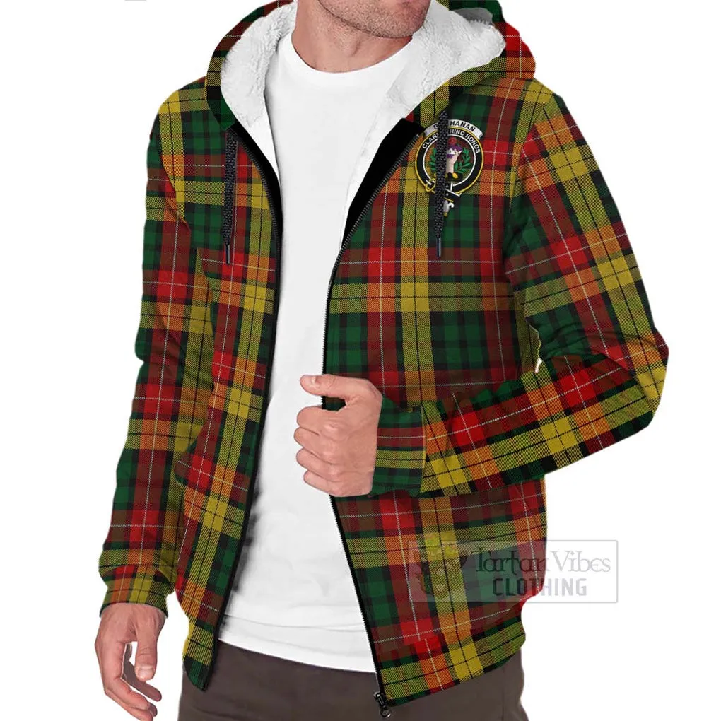 Buchanan Tartan Sherpa Hoodie with Family Crest Celtic Skull Style