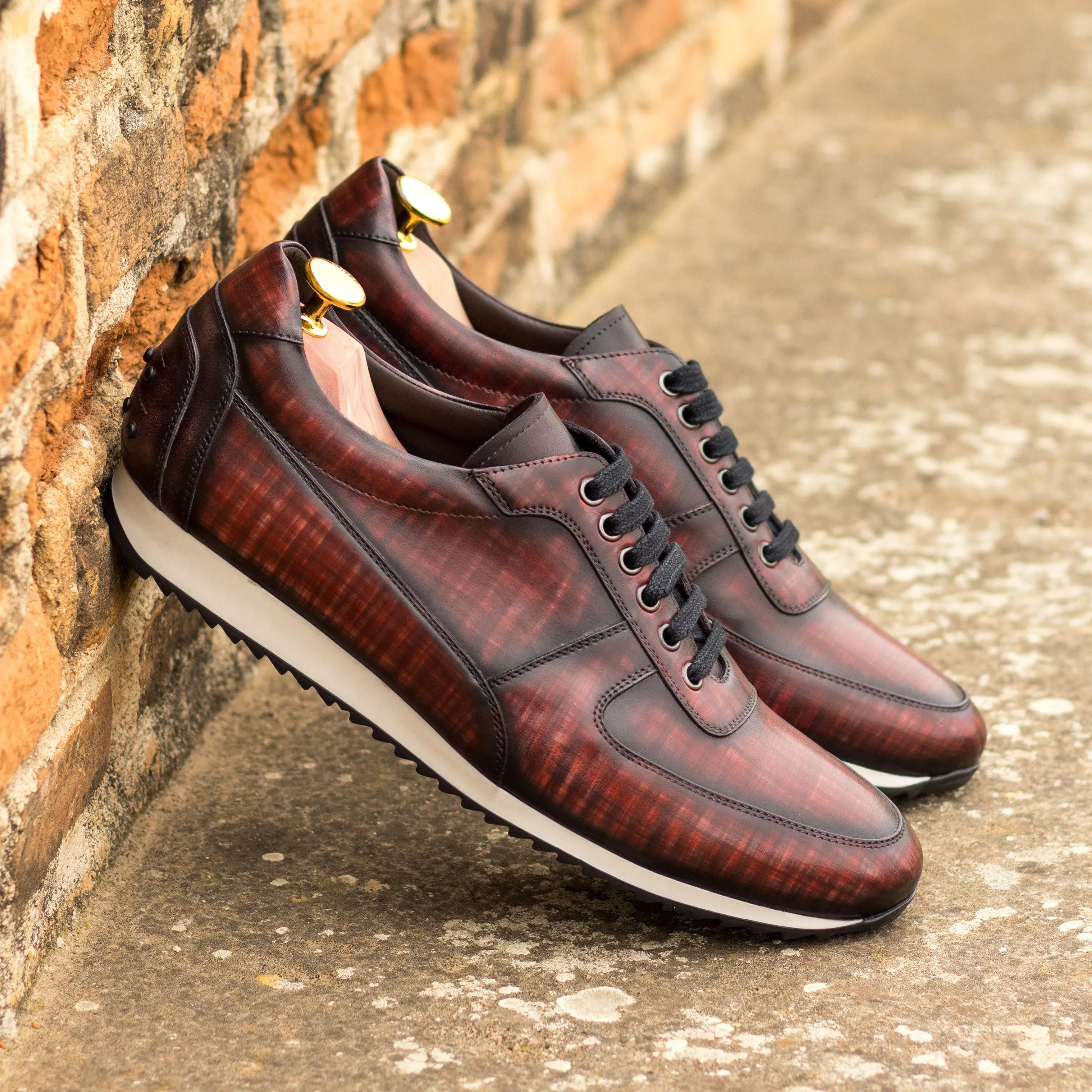 Burgundy Patina Leather Trainer Sneakers