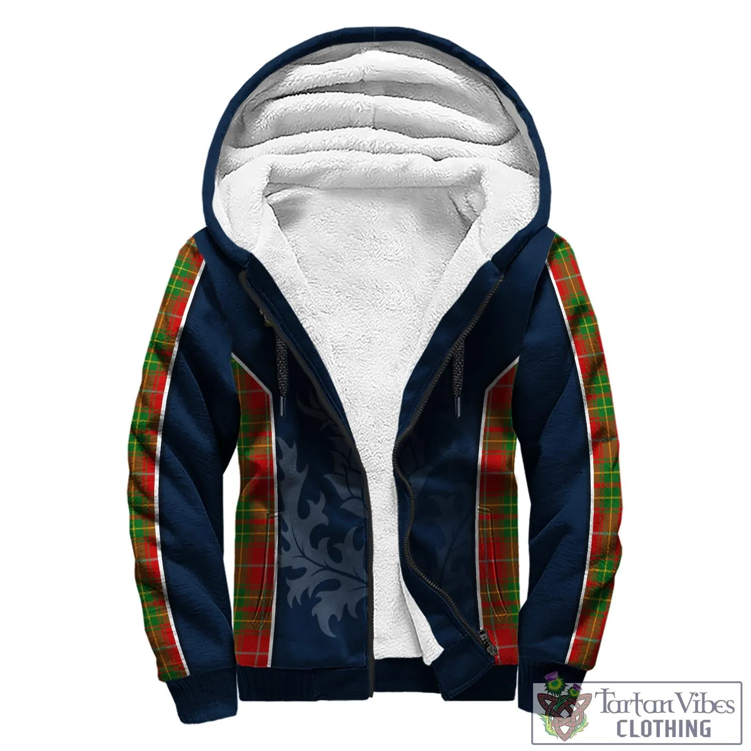 Burnett Tartan Sherpa Hoodie with Family Crest and Scottish Thistle Vibes Sport Style