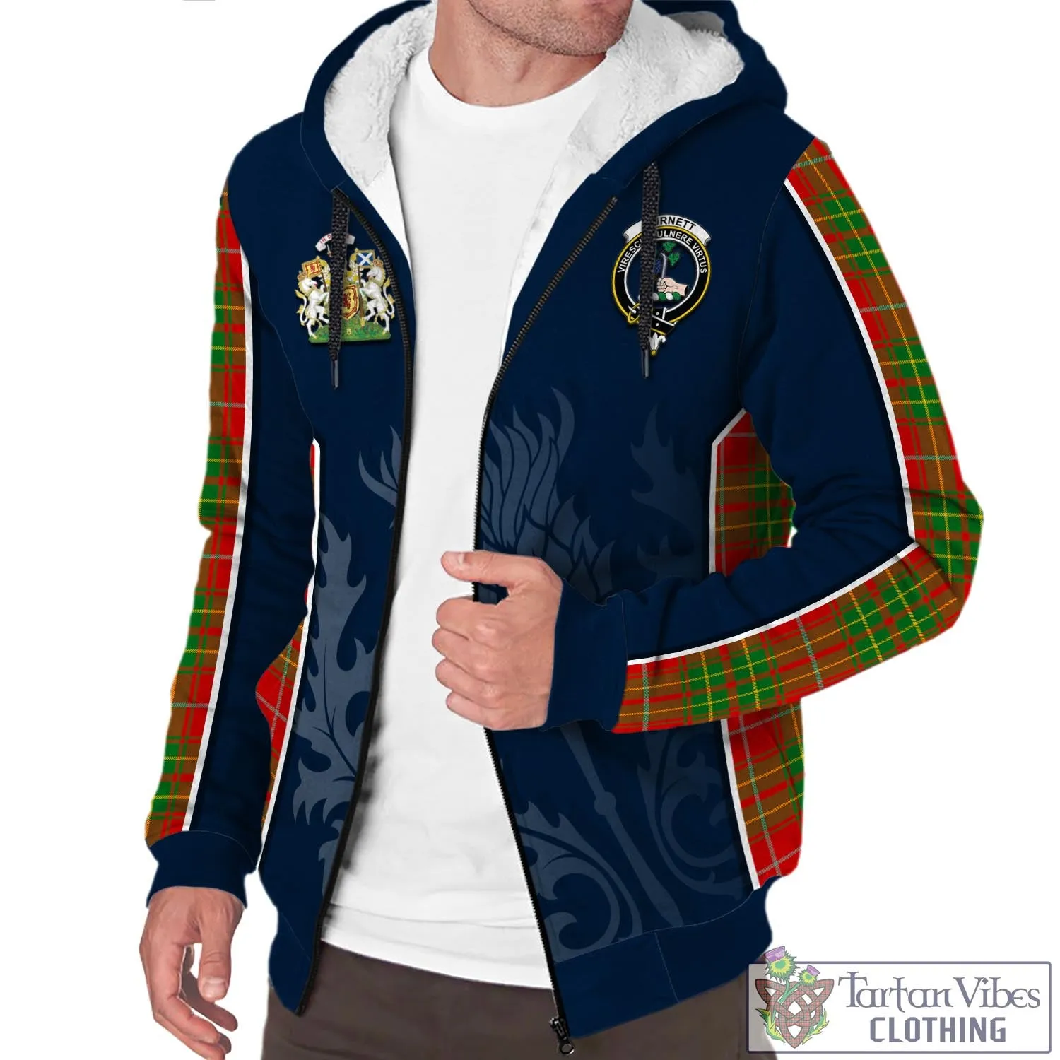 Burnett Tartan Sherpa Hoodie with Family Crest and Scottish Thistle Vibes Sport Style