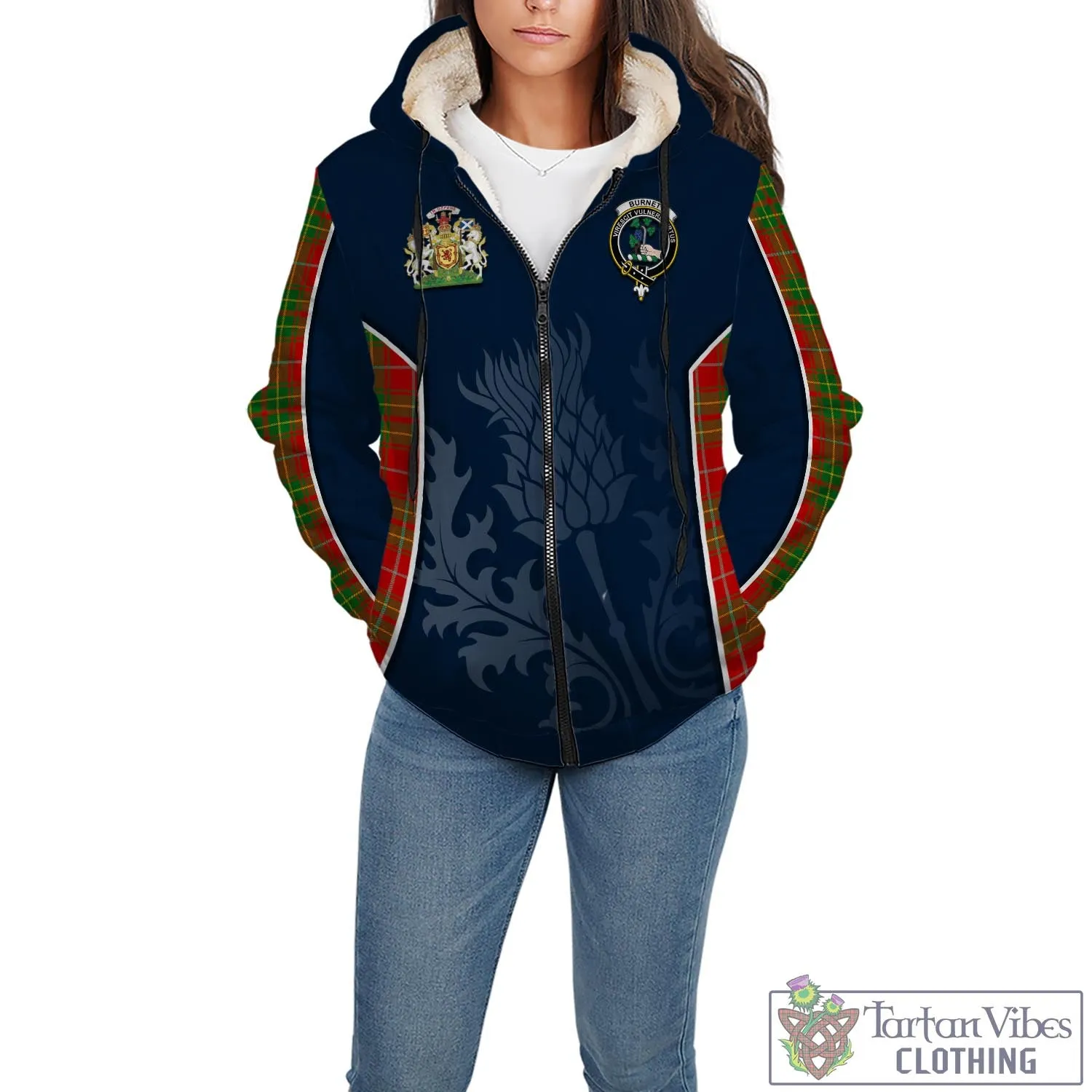 Burnett Tartan Sherpa Hoodie with Family Crest and Scottish Thistle Vibes Sport Style