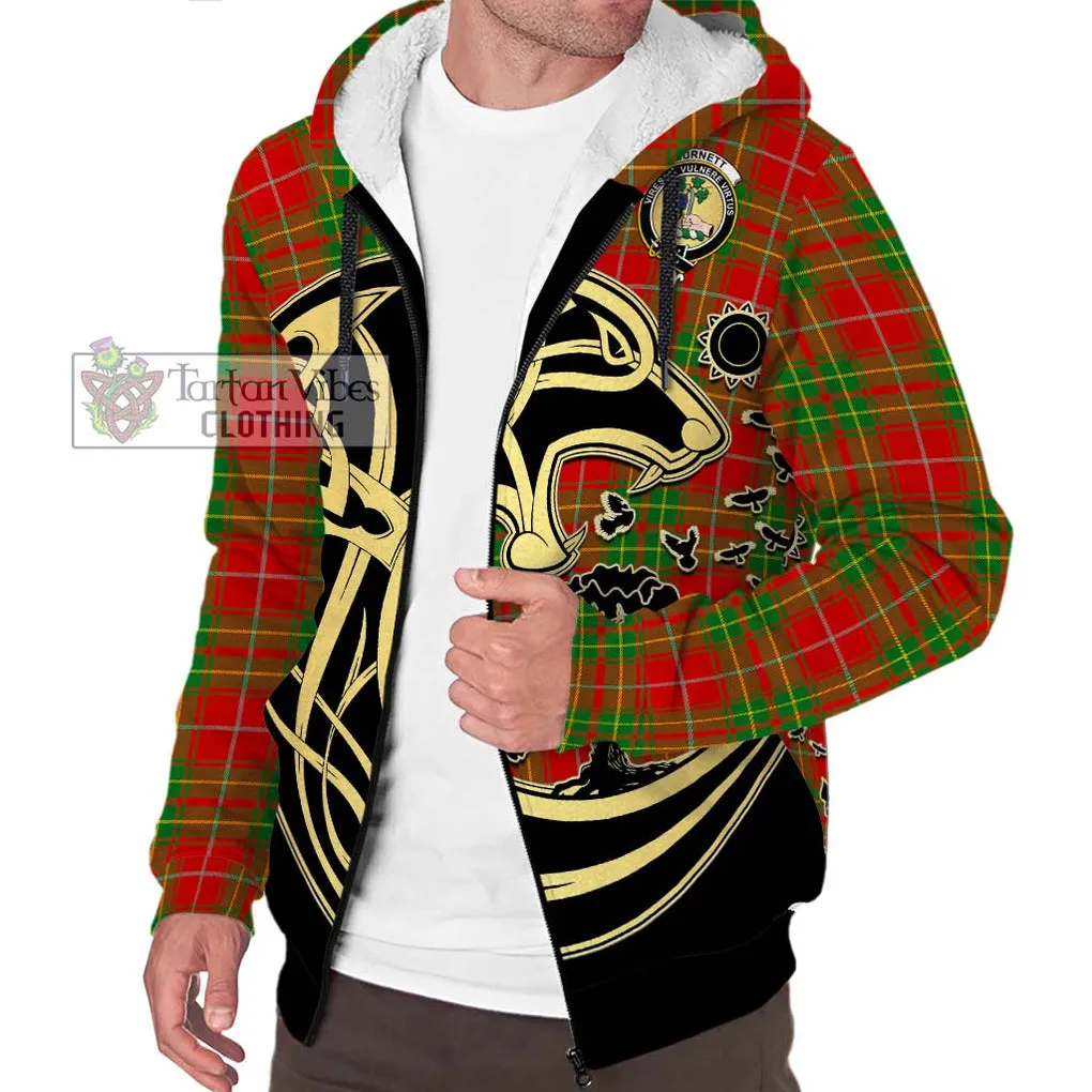 Burnett Tartan Sherpa Hoodie with Family Crest Celtic Wolf Style