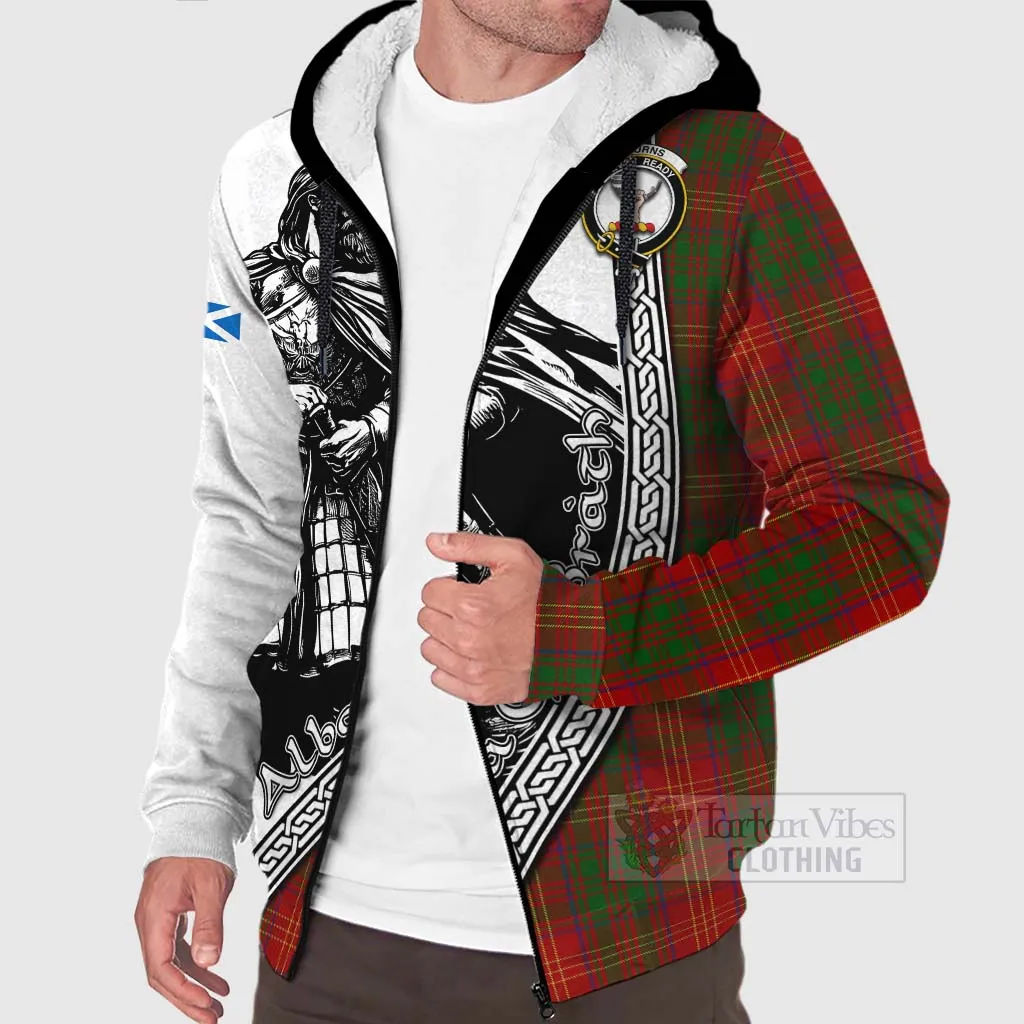 Burns Tartan Clan Crest Sherpa Hoodie with Highlander Warrior Celtic Style