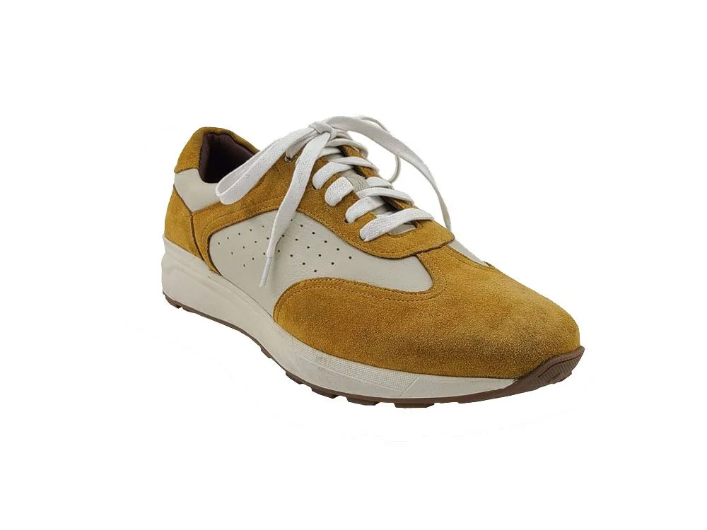 Calfskin & Suede Lace-Up Sneaker Gold/Bone