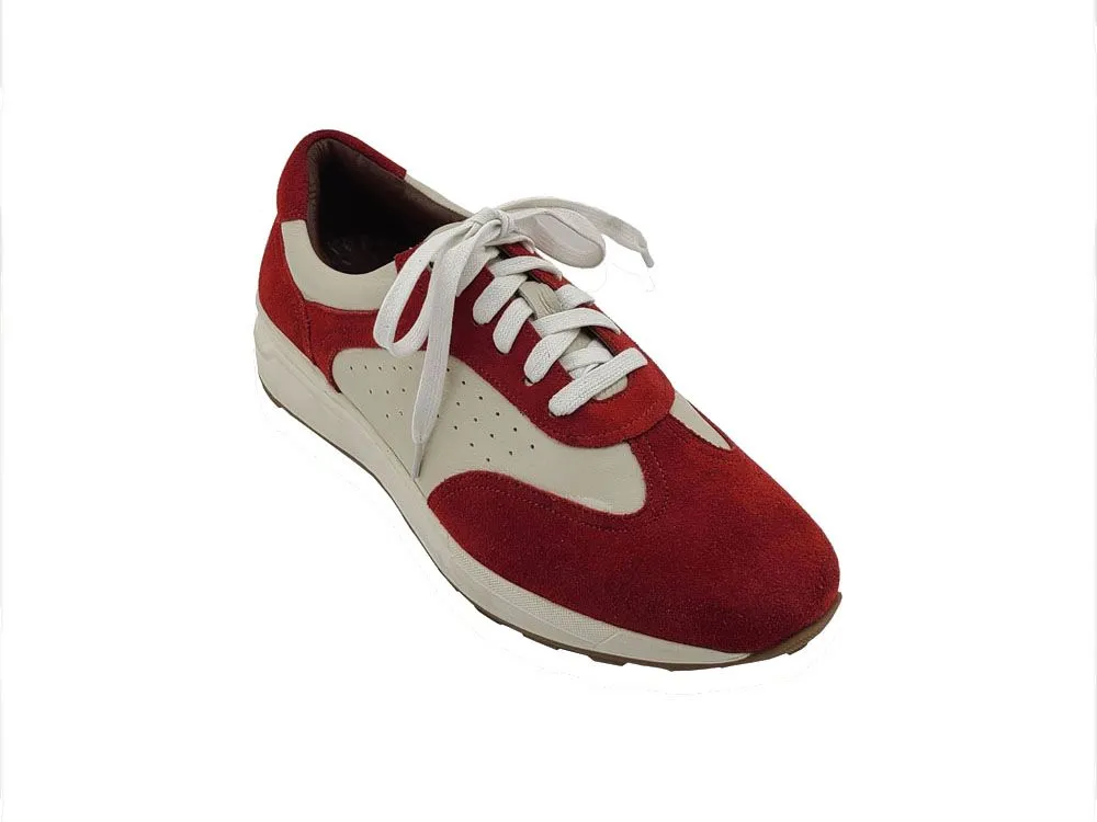 Calfskin & Suede Lace-Up Sneaker Red/Bone