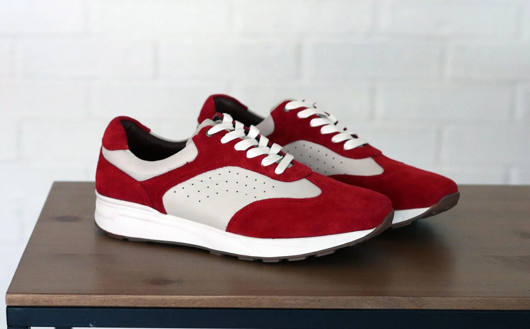 Calfskin & Suede Lace-Up Sneaker Red/Bone