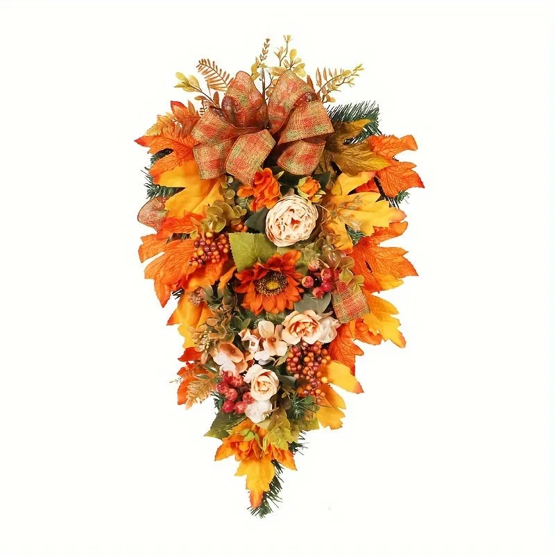 Charming Autumn Harvest Wreath - Sunflower, Maple Leaf & Rose Design | Perfect for Halloween & Thanksgiving Decor | Indoor/Outdoor Home Accent