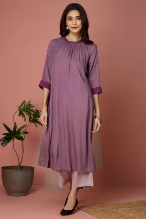 crew neck a-line gather dress - Driftwood Mauve & Silent Serenade