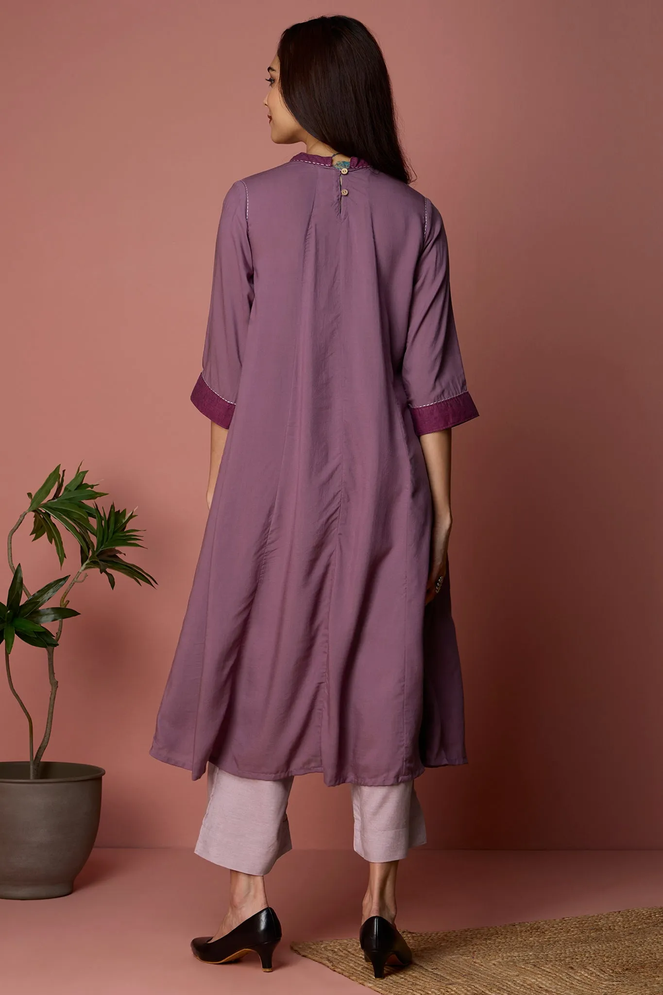 crew neck a-line gather dress - Driftwood Mauve & Silent Serenade