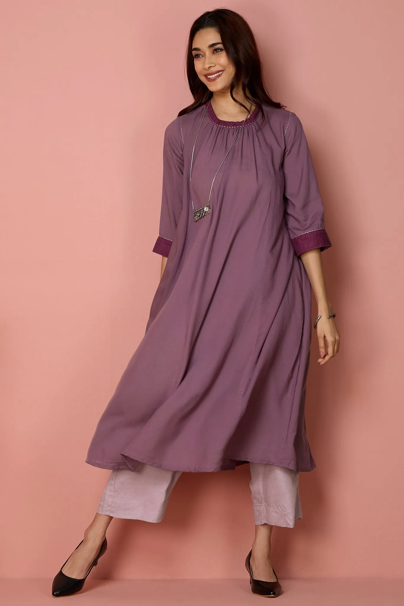 crew neck a-line gather dress - Driftwood Mauve & Silent Serenade