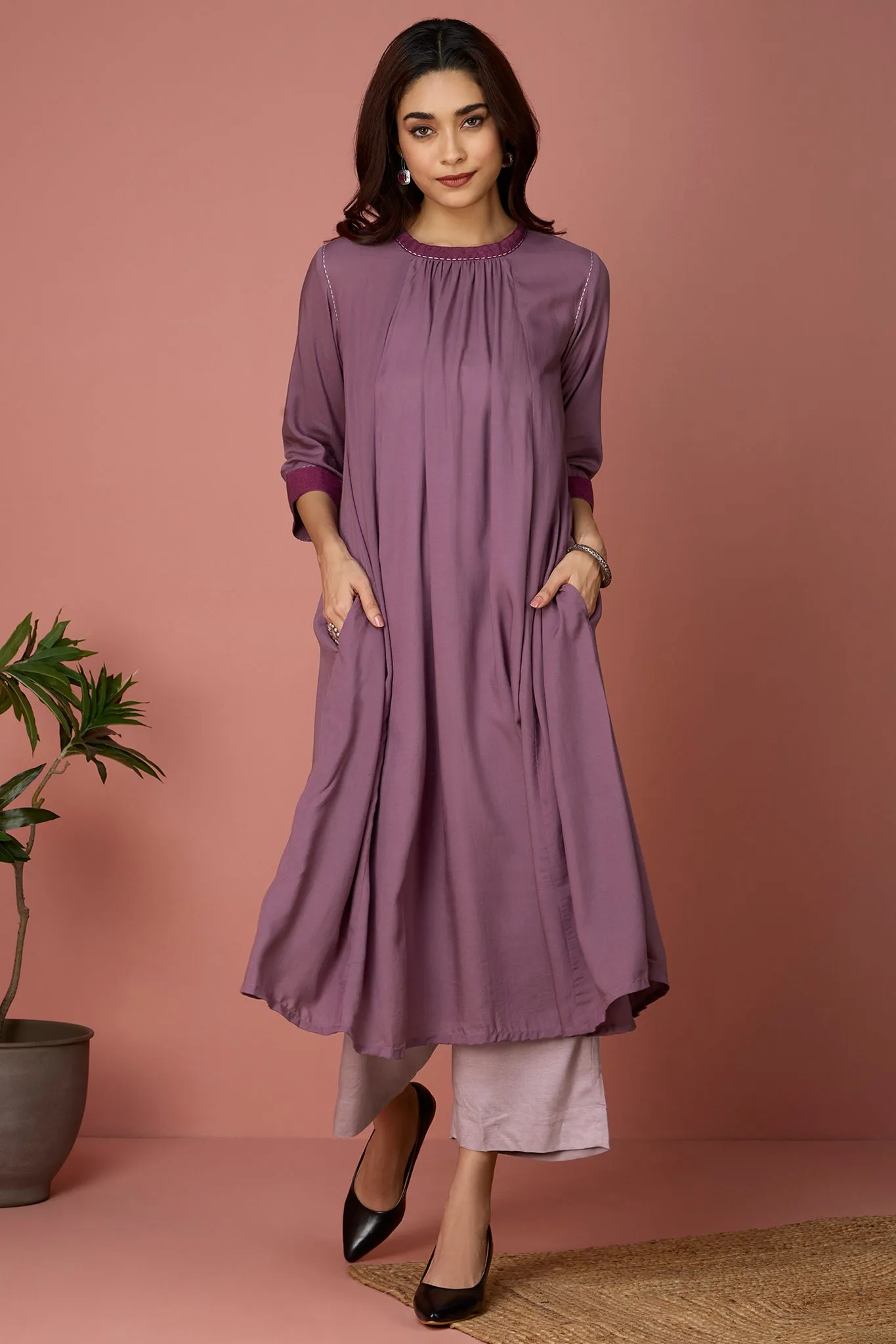 crew neck a-line gather dress - Driftwood Mauve & Silent Serenade