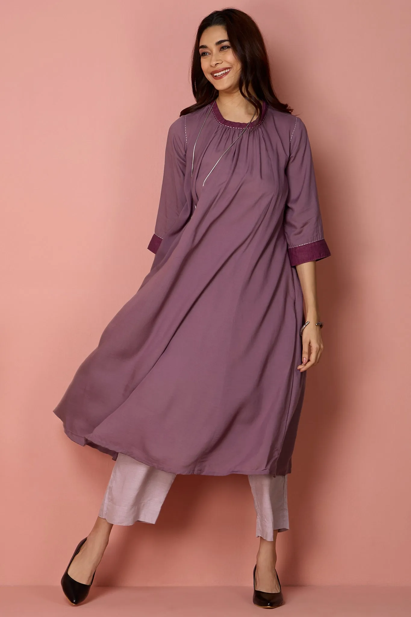 crew neck a-line gather dress - Driftwood Mauve & Silent Serenade