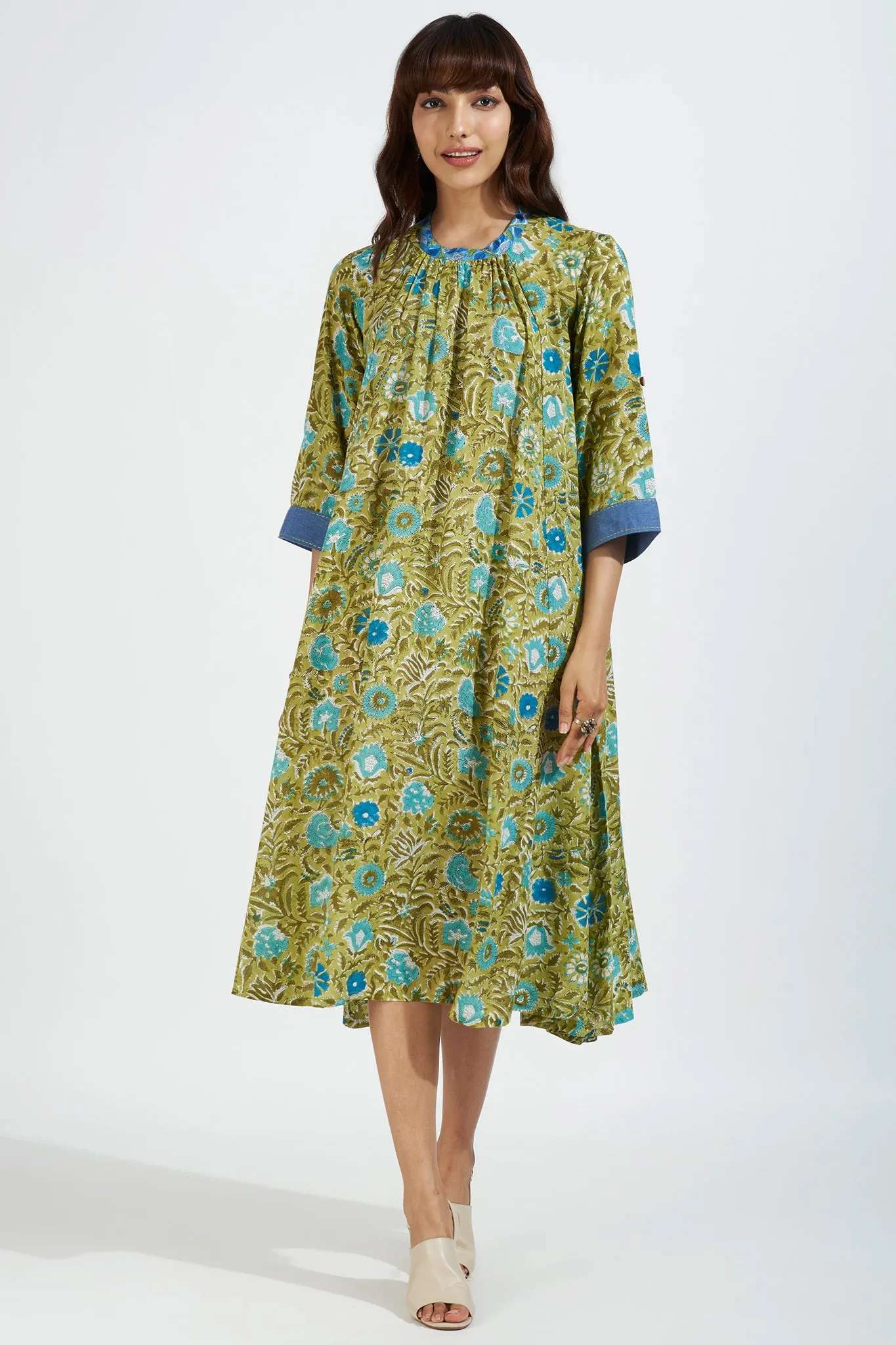 crew neck gather dress - minty meadows & blossom breeze