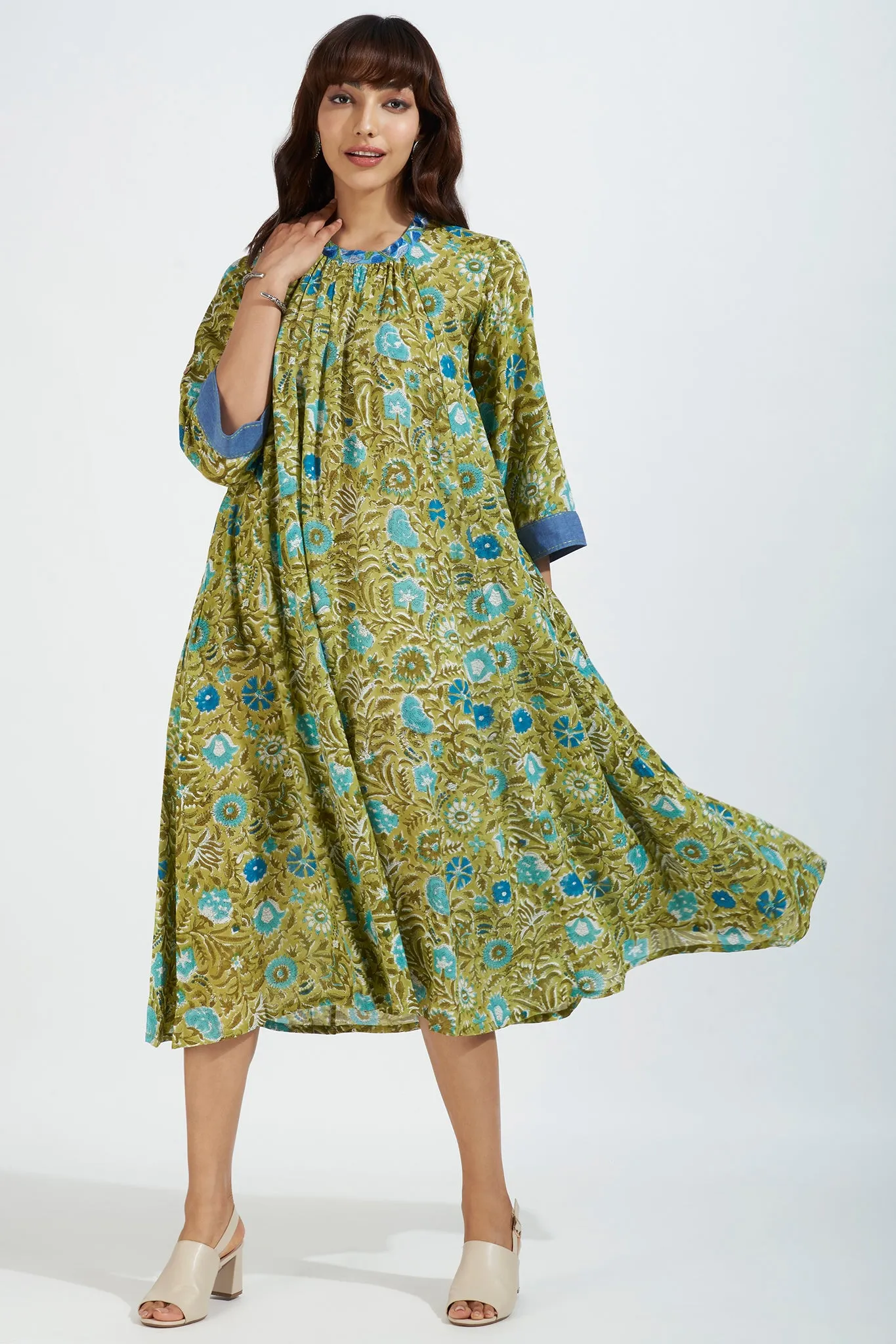 crew neck gather dress - minty meadows & blossom breeze