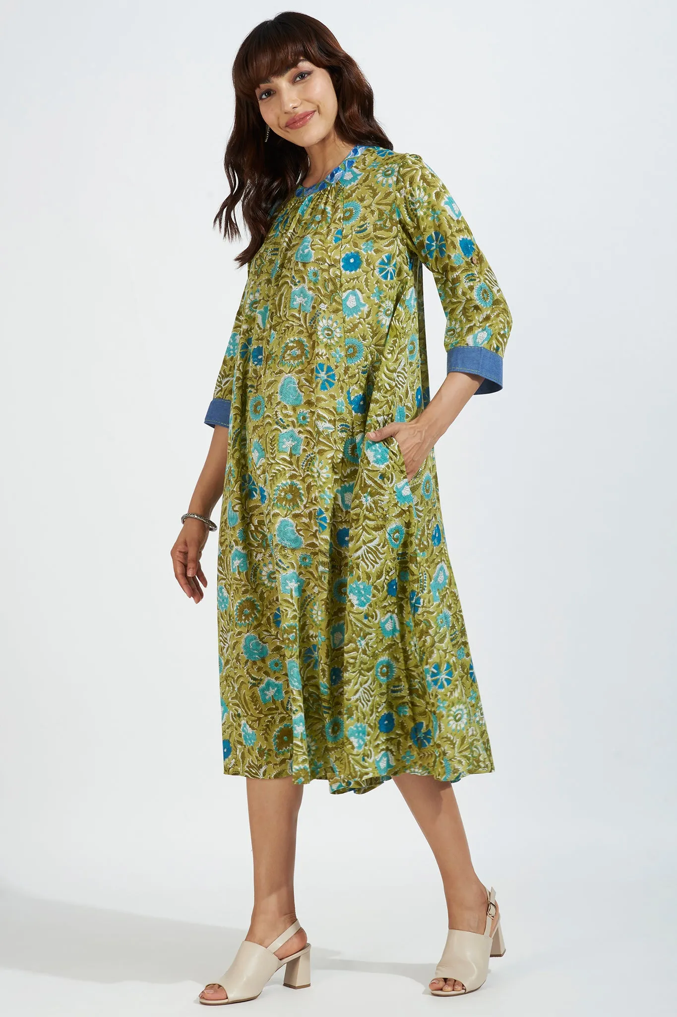 crew neck gather dress - minty meadows & blossom breeze