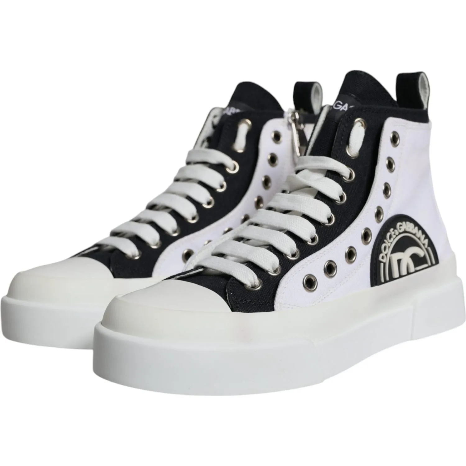 Dolce & Gabbana White Black Canvas Logo Mid Top Sneakers Shoes