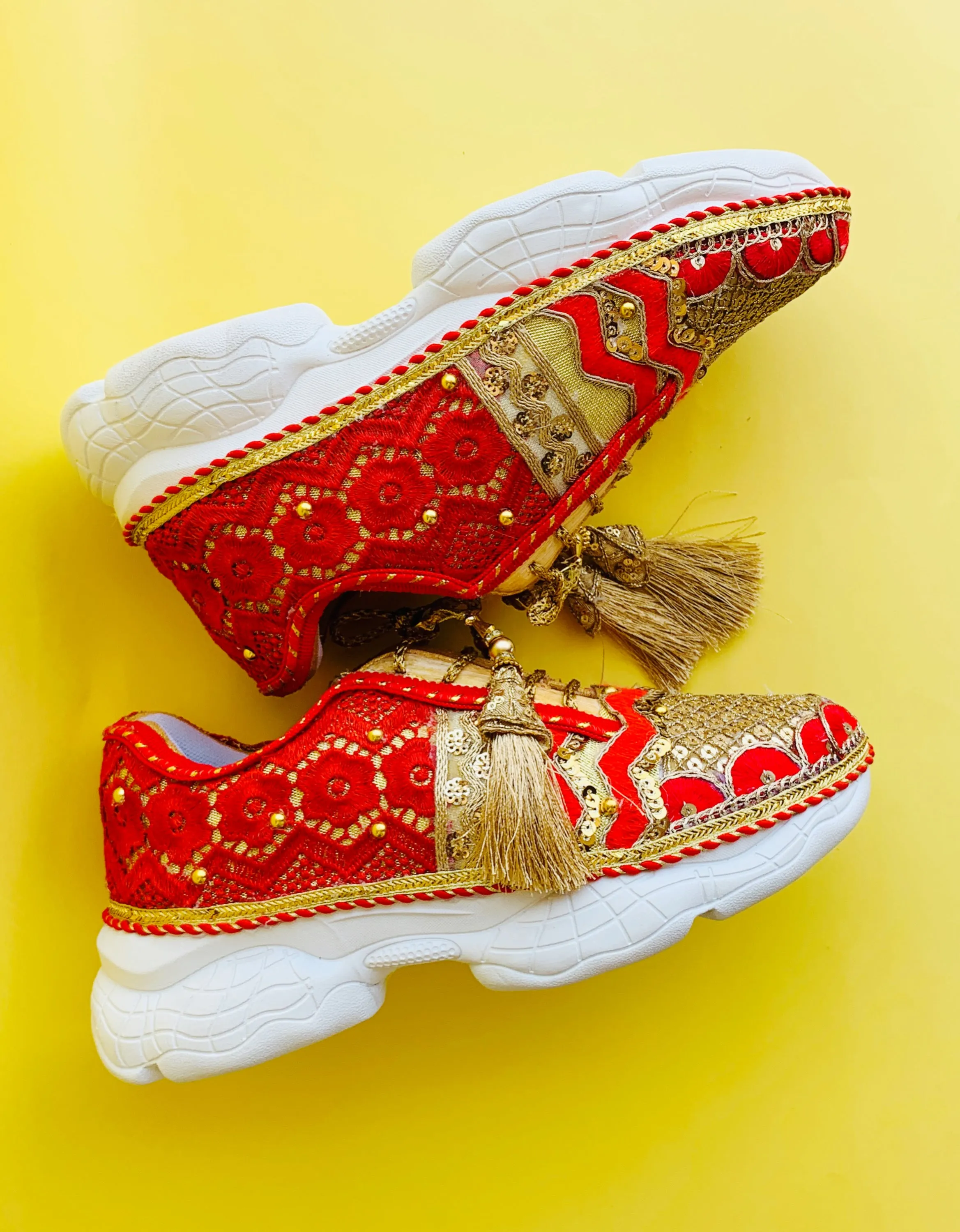 Funky N Trendy Red & Gold embroidery work bridal sneakers/ bridesmaid sneaker / golden sneakers/ Red sneakers / Red shoes