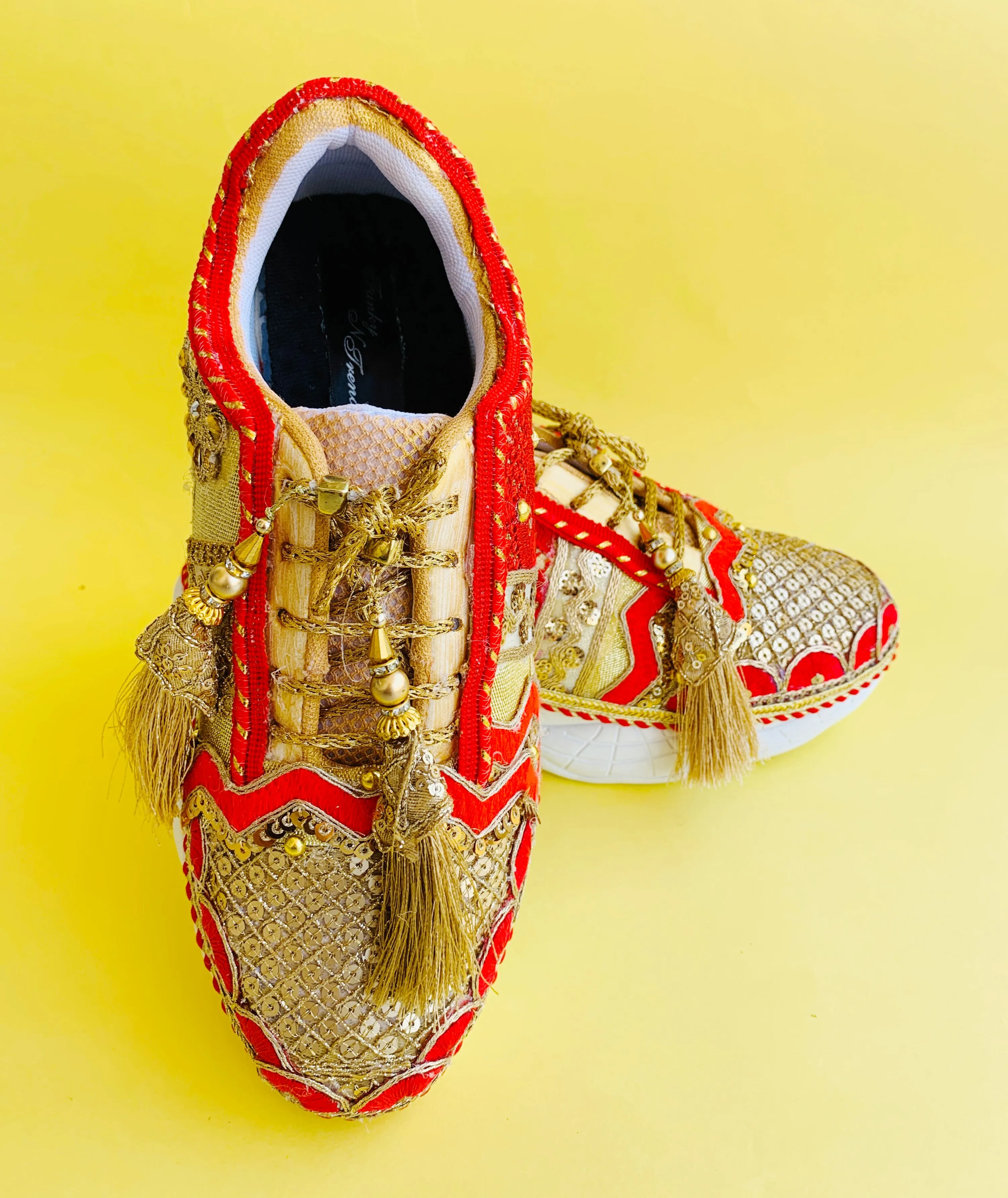 Funky N Trendy Red & Gold embroidery work bridal sneakers/ bridesmaid sneaker / golden sneakers/ Red sneakers / Red shoes