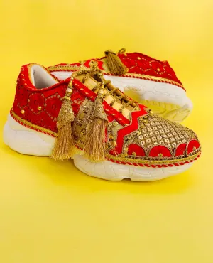 Funky N Trendy Red & Gold embroidery work bridal sneakers/ bridesmaid sneaker / golden sneakers/ Red sneakers / Red shoes