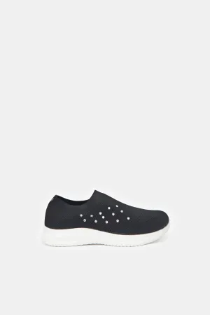 Girls Black Fly Knit Slip-On Sneakers