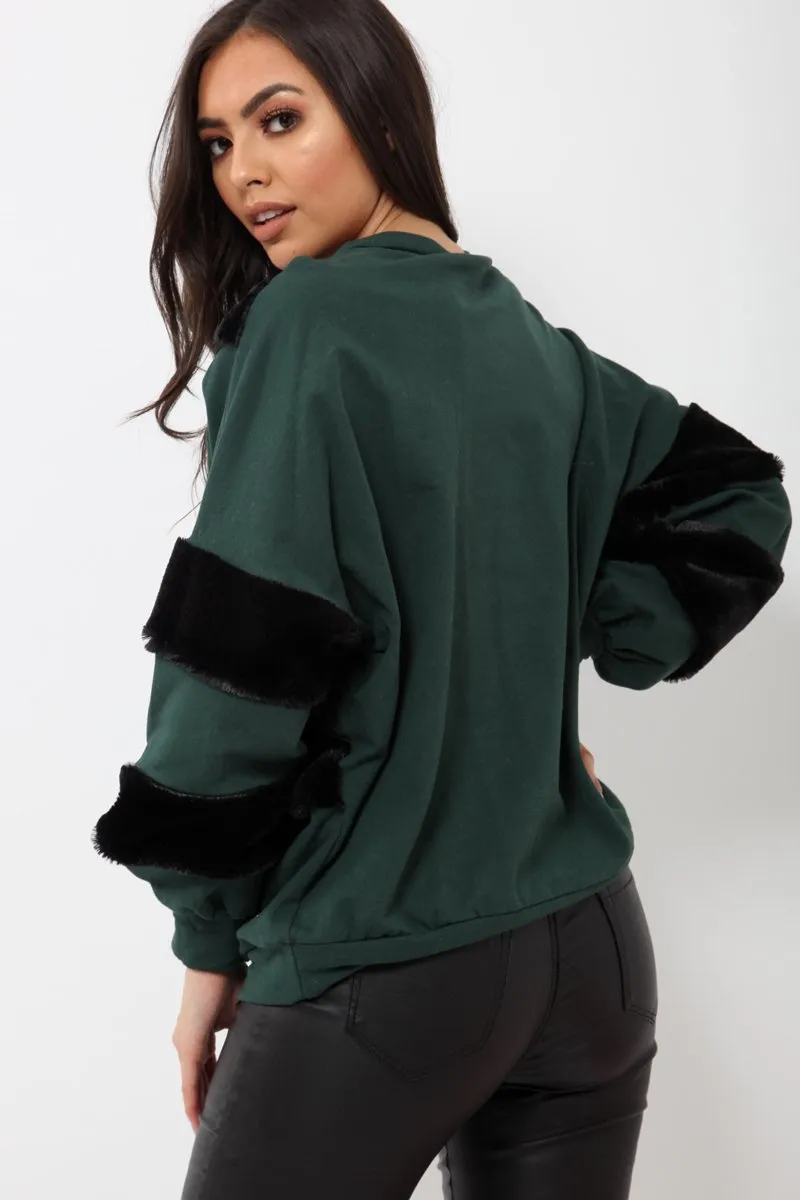 Green Jumper with Fur on Front and Sleeves - Mercedes