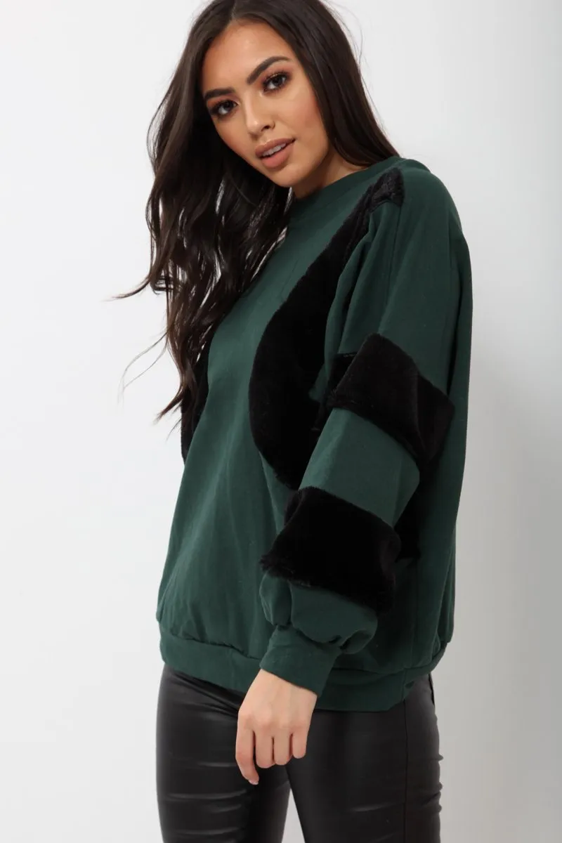 Green Jumper with Fur on Front and Sleeves - Mercedes