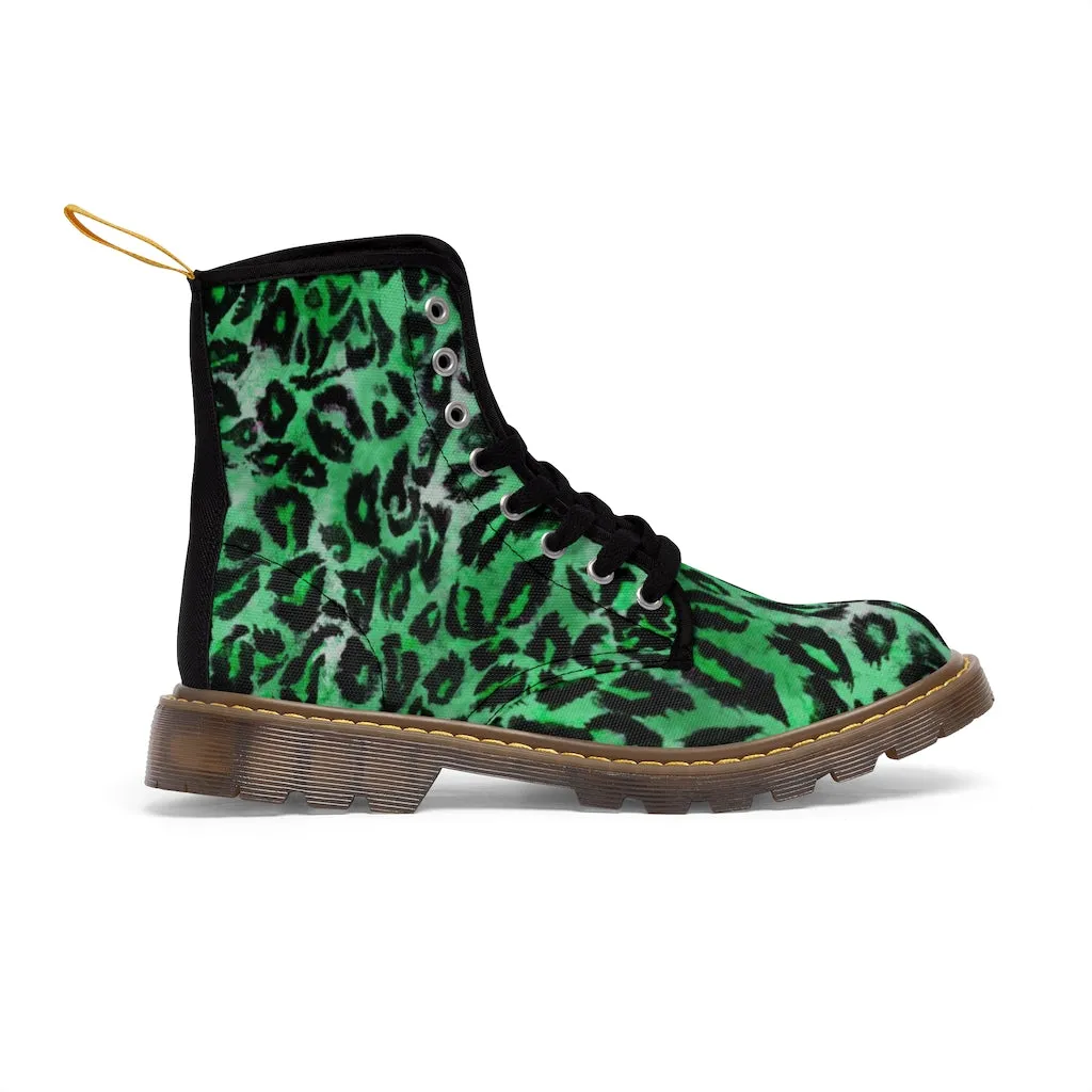 Green Leopard Women's Canvas Boots, Best Leopard Animal Print Winter Boots For Ladies