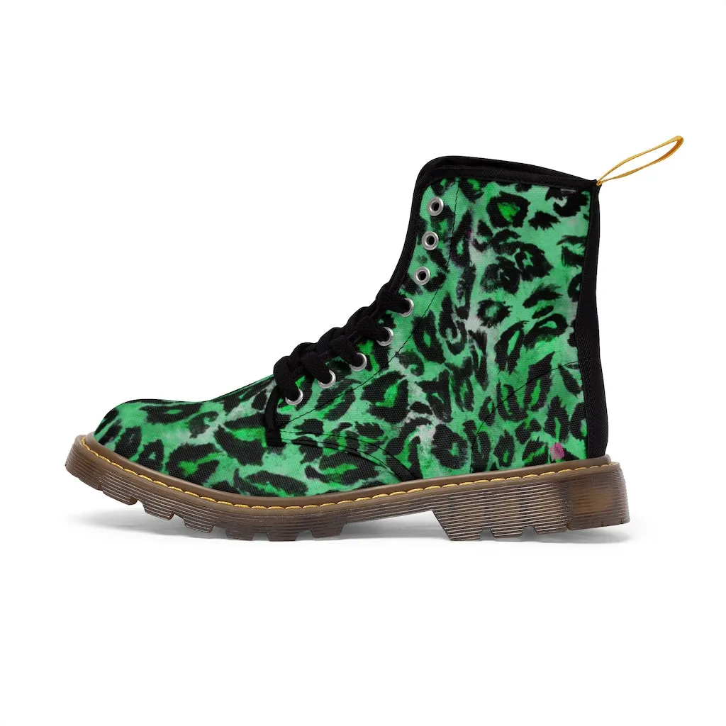 Green Leopard Women's Canvas Boots, Best Leopard Animal Print Winter Boots For Ladies