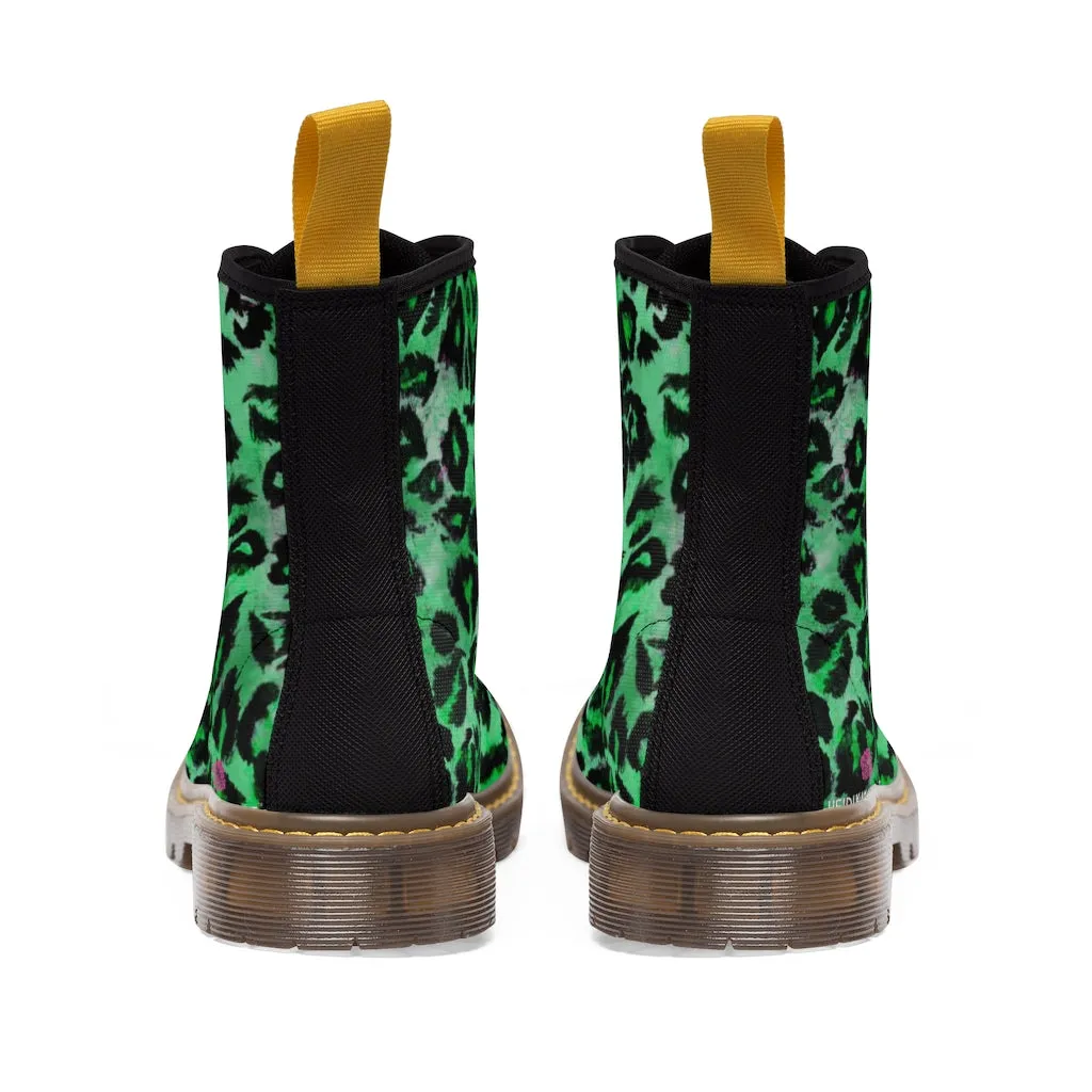 Green Leopard Women's Canvas Boots, Best Leopard Animal Print Winter Boots For Ladies