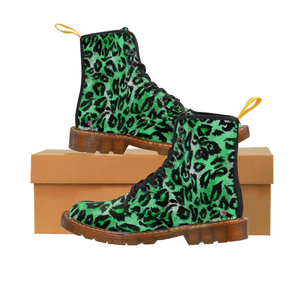 Green Leopard Women's Canvas Boots, Best Leopard Animal Print Winter Boots For Ladies