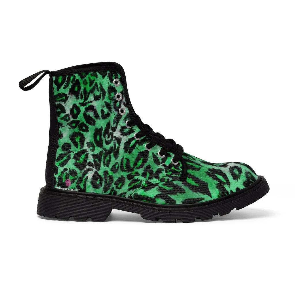 Green Leopard Women's Canvas Boots, Best Leopard Animal Print Winter Boots For Ladies