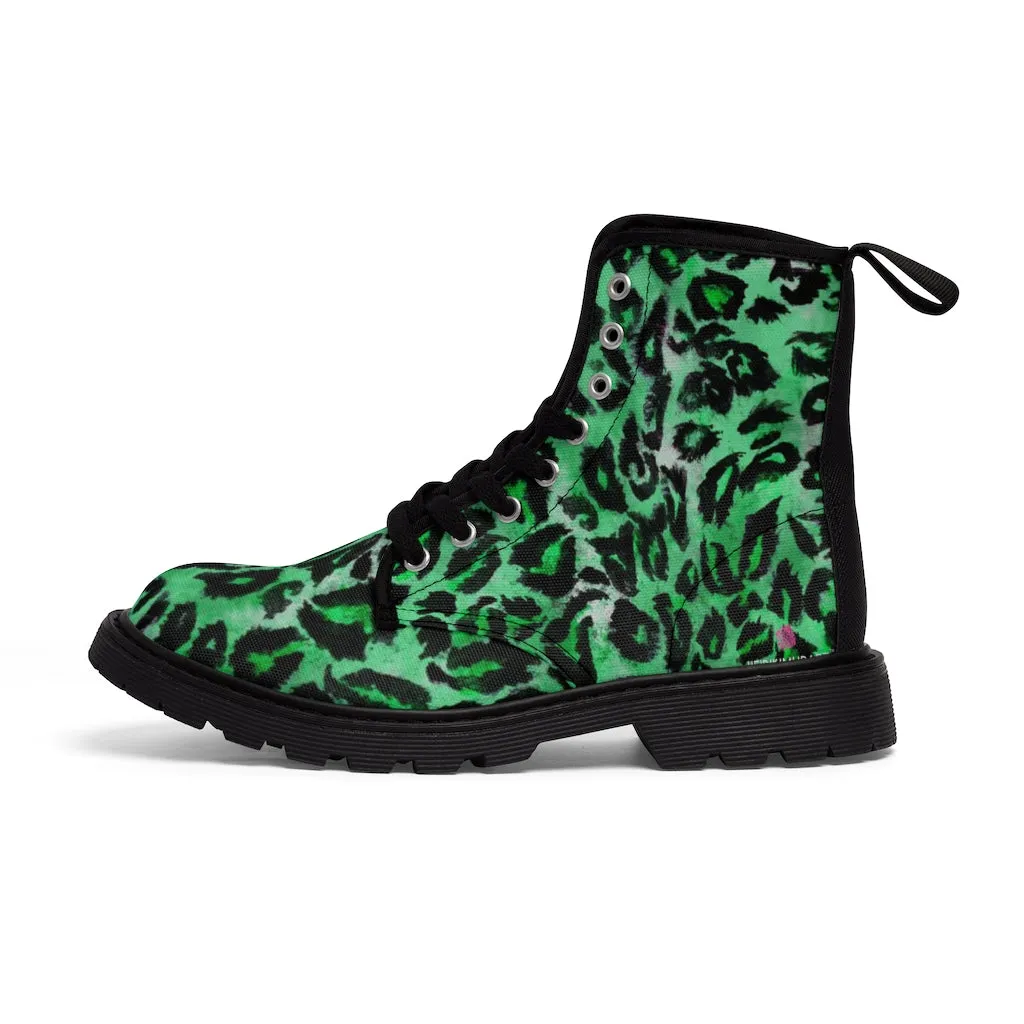 Green Leopard Women's Canvas Boots, Best Leopard Animal Print Winter Boots For Ladies