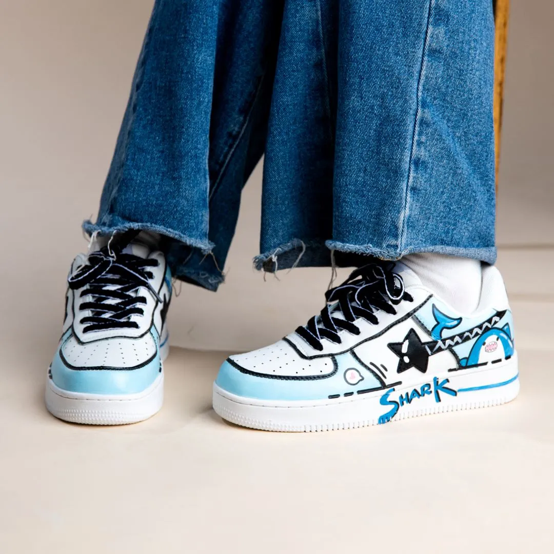 Hand Painted Blue Shark Casual White Shoes - Unisex